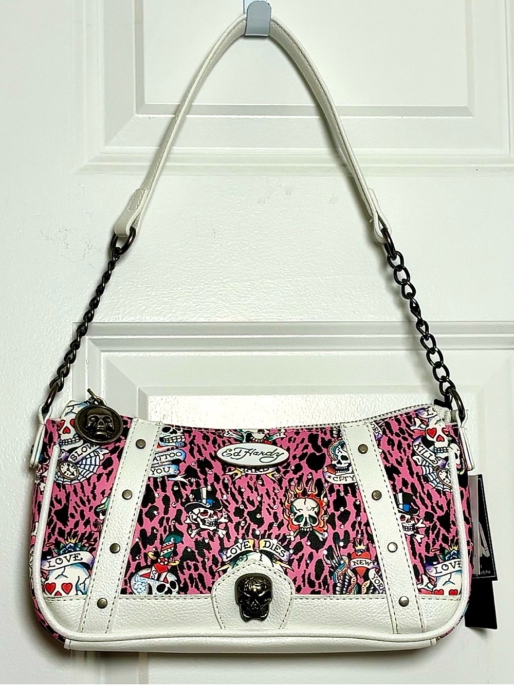 Ed Hardy Pink Cheetah Print Skull Graffiti Tattoo Handbag